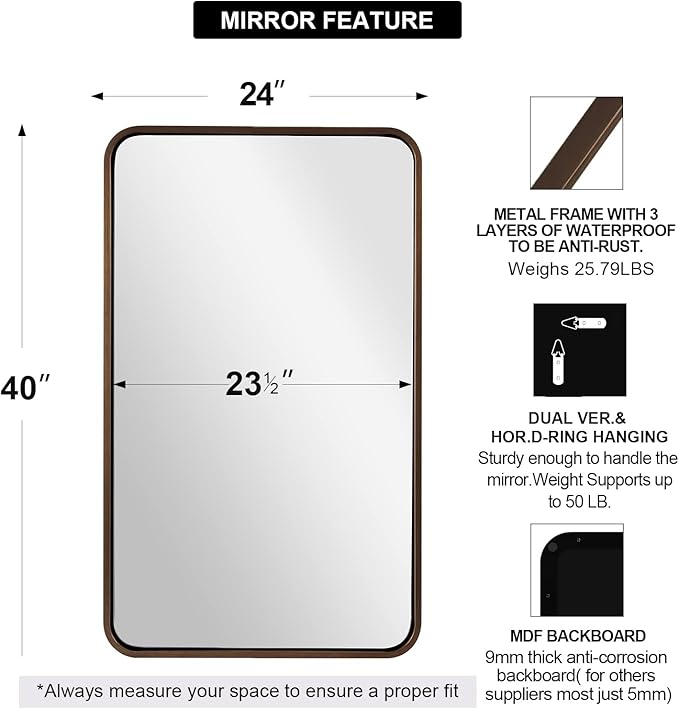 ANDY STAR Bronze Bathroom Mirror, 24x40’’ Rounded Rectangle Oil Rubbed Bronze Mirror in Premium Tube Metal Framed 1’’ Deep Wall-Mounted Mirror Horizontal/Vertical