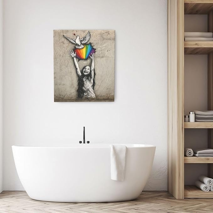 Banksy Street Graffiti Wall Art Rainbow Canvas Wall Decor Love And Peace Pictures Paintings Prints Artwork Framed Modern Decorations For Bedroom Bathroom Office Living Room Gifts 20" x 24"