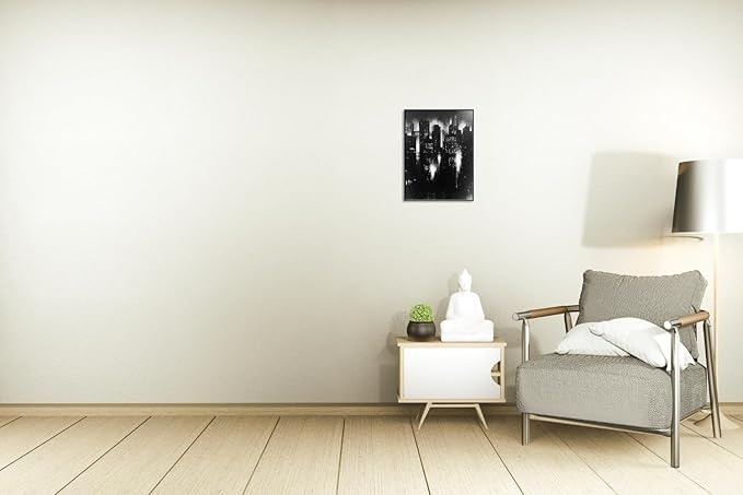 Abstract Cityscape Wall Art, Modern Urban Night Skyline Canvas Painting, Contemporary Expressionist City Decor (Black, 17" W x 23" L / 45x60cm, Framed)