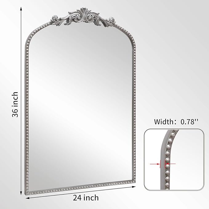 Antique Silver Arch Wall Mirror, 24"x36" Traditional Vintage Mantel Mirror with Ornate Metal Frame, Baroque Victorian Mirror for Fireplace/Entryway/Bathroom/Living Room/Hallway