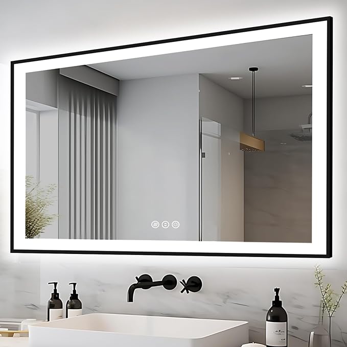 51x32 LED Lit Bathroom Mirror - Black Framed, Front and Backlit LED Lighted, Anti-Fog Bathroom Mirror with Lights, 3 Colors Stepless Dimmable Mirror, Touch Sense (Horizontal/Vertical)