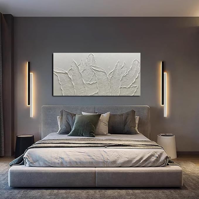 Modern Tropical Palm Leaf Wall Art, 3D Textured Relief Panel, White