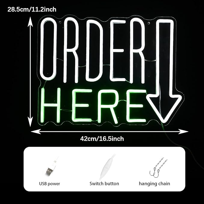 Order Here Neon Sign Cool White Green Letter Neon Light for Wall Decor Dimmable USB LED Light UP Words Sign for Restaurant Shop Bar Business Neon Wall Decor Sign (16.5‘’*11.2‘’）