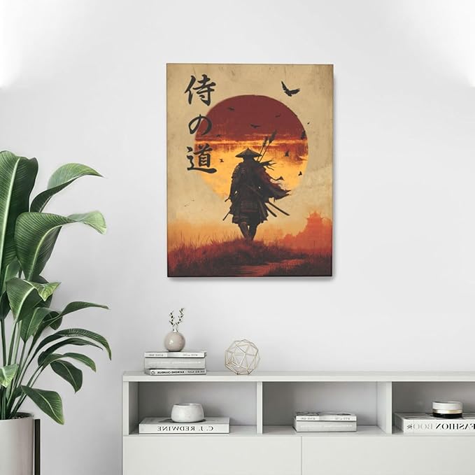 Japanese Samurai Wall Art Oriental Asian Bushido Wall Decor Warrior Figure Canvas Pictures Paintings Prints Japan Traditional Aesthetic Artwork Framed Decorations For Bedroom Living Room Office Gifts 16" x 20"