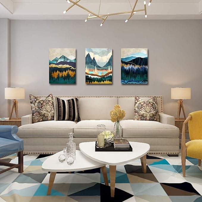 Abstract Mountain Wall Art Boho Nature Pictures for Living Room Watercolor Forest Landscape Wall Decor Nordic Painting Canvas Prints Modern Geometric Artwork Bedroom Bathroom Home Decoration 12x16" 3P