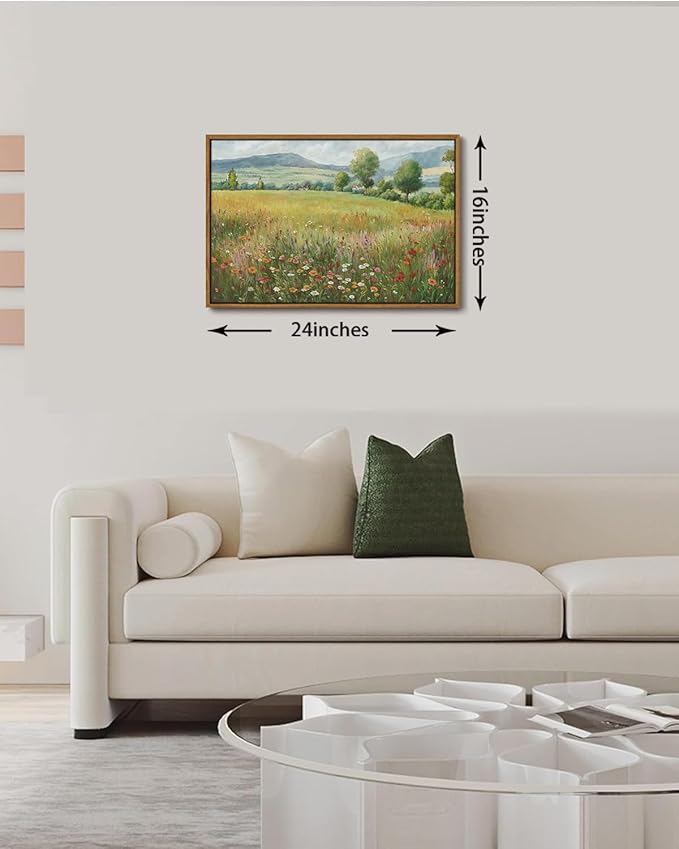 KISSFOX Vintage Landscape Canvas Wall Art Spring Farmhouse Colorful Wildflower Field Framed Wall Art Natural Countryside Cottagecore Paintings Artwork Rustic Art Prints For Bedroom Living Room