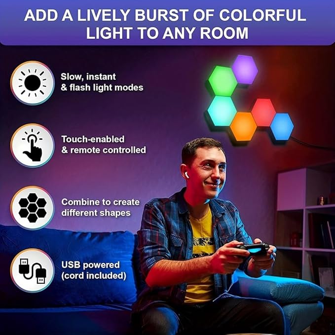 10 Pack Hexagon Light Panels - Smart RGB Hexagon LED Lights Wall Lights Remote Control Lights for Lving Room, Bedrooms, DIY Lovers, Gifts, Gaming Room, Kids