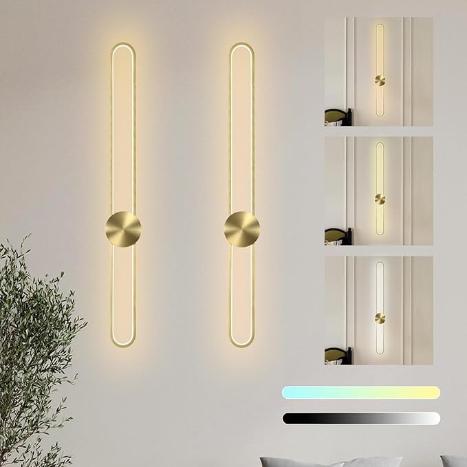 Modern Wall Sconce Dimmable 3000K/4000K/6000K LED Wall Light Fixture, Hardwired Wall Lamp for Living Room, Dining Room, Bedroom, Hallway, Lobby, Entryway (Brushed Gold, 35.4inch/H90cm)