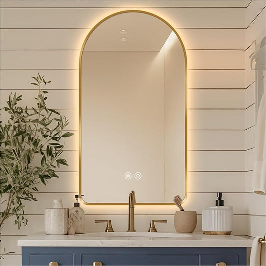 32"L x 20"W Arched LED Bathroom Mirror, Brushed Gold Frame, Backlit Vanity Mirror with Lights, Wall Mounted Lighted Mirror, Dimmable 3-Color Shatter-Proof Arch Smart Mirror, UL-Listed, CRI≥93
