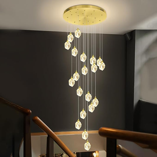 Large High Ceilings Chandeliers Modern Long Crystal Spiral Chandeliers,K9 Crystal Drop Chandelier for Staircase Foyer Entryway 20 Lights Gold D28XH135inch