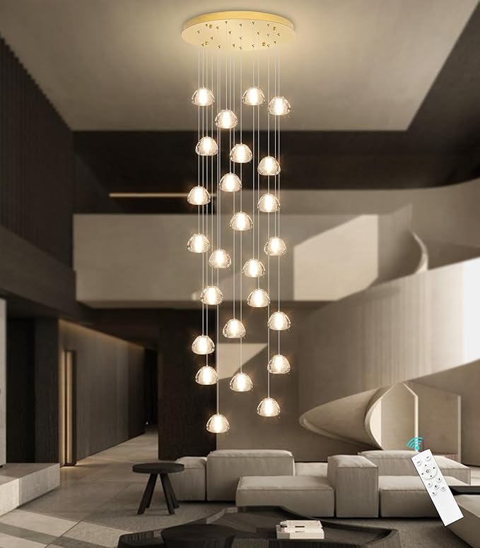25-Lights Modern Chandeliers for High Ceiling Large Crystal Chandeliers LED Long Handing Light Fixture for Hallway Foyer Staircase 3000K