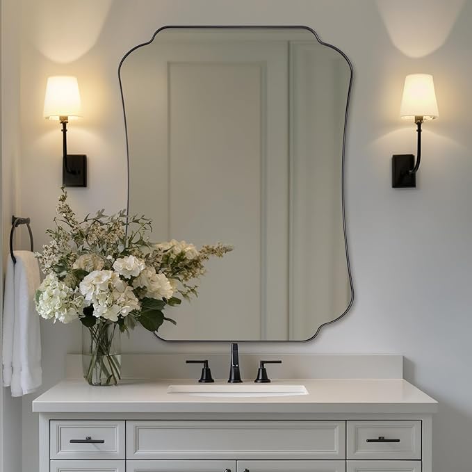 ANDY STAR 30x40 Inch Black Bathroom Mirror, Scalloped Wave-Edge Wall Mirror for Bathroom Vanity, Decorative Modern Vintage Metal Frame Mirror for Living Room, Entryway, Bedroom
