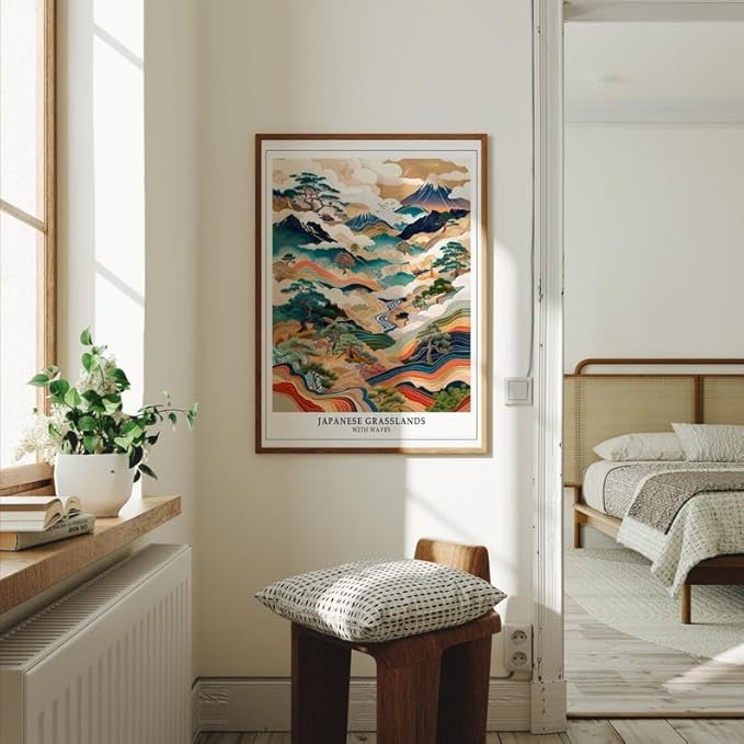 Japanese Grasslands Poster, Abstract Wabi Sabi Wall Art Print, Traditional Asian Landscape Artwork, Japandi Minimalist Home Decor for Living Room or Bedroom (Unframed) (20x30)
