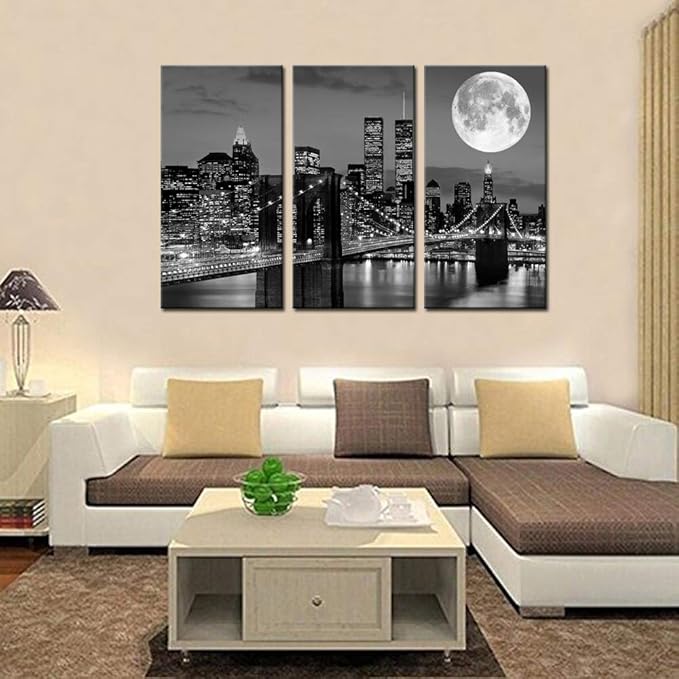Biuteawal New York Skyline Wall Art Brooklyn Bridge Moon Night View Picture Canvas Print Black and White City Artwork Painting Modern Home Office Living Room Decoration