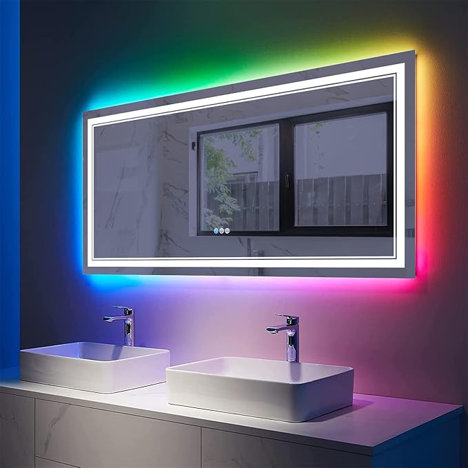 72x32 Inch Bathroom LED Vanity Mirror with RGB Lights Color Changing Backlit Bathroom Mirror Dimmable Anti-Fog led Mirror for Bathroom (RGB Multicolor Backlit+Adjustable Front-Lighted)