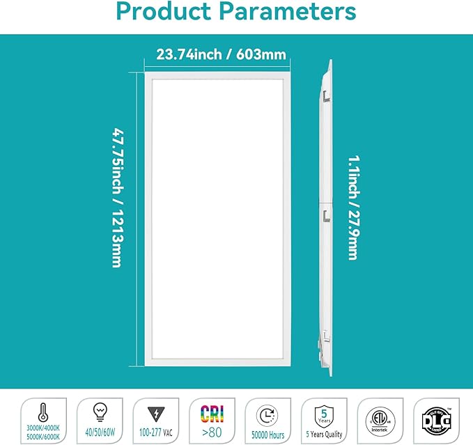 2x4 LED Flat Panel Light – 12 Pack, 3 Wattage 40W/50W/60W & 4 CCT 3K/4K/5K/6K Selectable, 0-10V Dimmable, 6600LM, Drop Ceiling Troffer, ETL Listed, 100-277V Commercial Light
