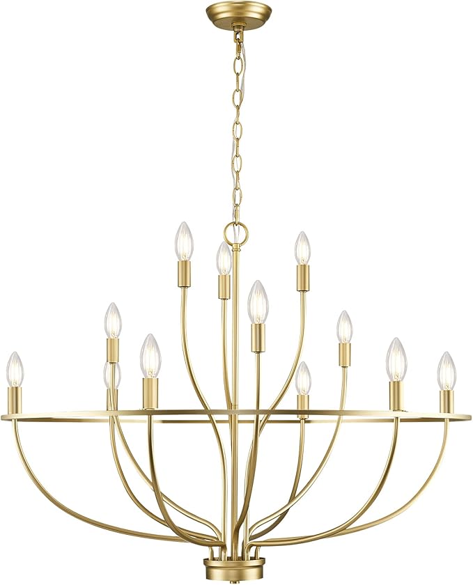Large Gold Chandelier, 12 Light Foyer Chandelier High Ceiling 36inch Modern Brass Living Room Light Fixture Metal Candle Chandelier for Kitchen Entryway Living Room Bedroom