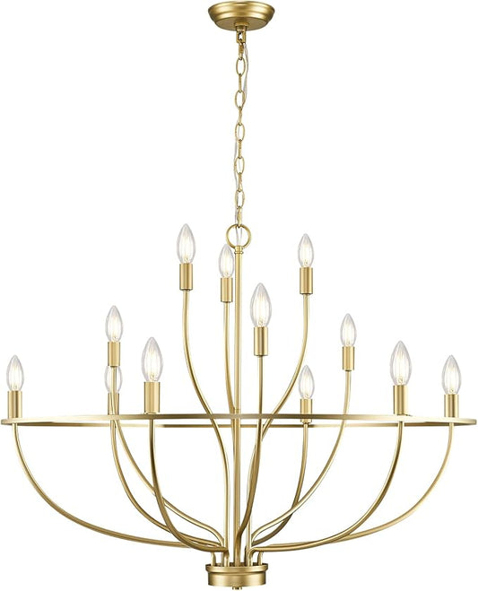 Large Gold Chandelier, 12 Light Foyer Chandelier High Ceiling 36inch Modern Brass Living Room Light Fixture Metal Candle Chandelier for Kitchen Entryway Living Room Bedroom