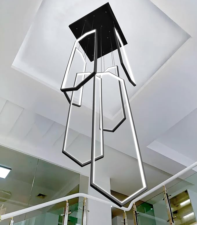 6-Rings Chandelier Modern, Black Large Contemporary LED Light for Living Room Entrance, Dimmable Flush Mount High Ceiling Chandeliers with Remote Control for Villa Foyer