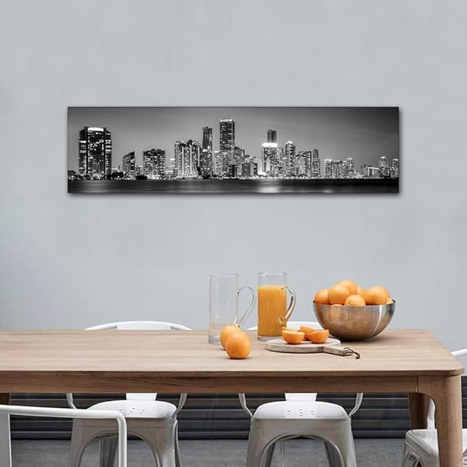 Miami Skyline Wall Art for Living Room Downtown Miami Black and White Wall Art Canvas Print Modern Home Decor Pictures Skyscraper Artwork House Decor Posters Prints Ready to Hang 12x46 Inch