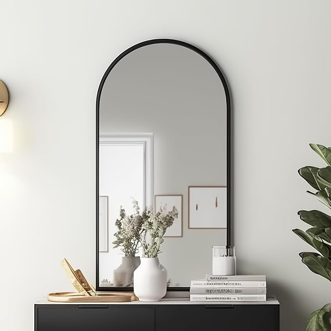 Arched Wall Mounted Mirror, 42"x24", Arch Black Mirror for Bathroom Vanity, Living Room or Bedroom, Entryway, Hallway Wall Mirror, Farmhouse Decorative Mirror for Hanging, Black, Iron Frame