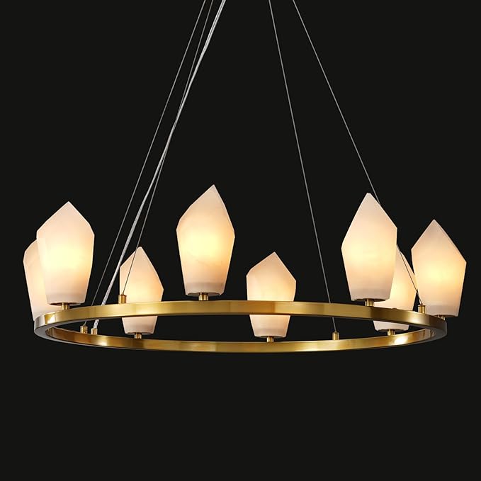 Alabaster Chandelier, 31.5" 8-Light Large Round Chandeliers for Living Room with Bulb, Wagon Wheel Chandelier for Entryway, Farmhouse Chandeliers for Bedroom, Gold Foyer Lighting Fixtures