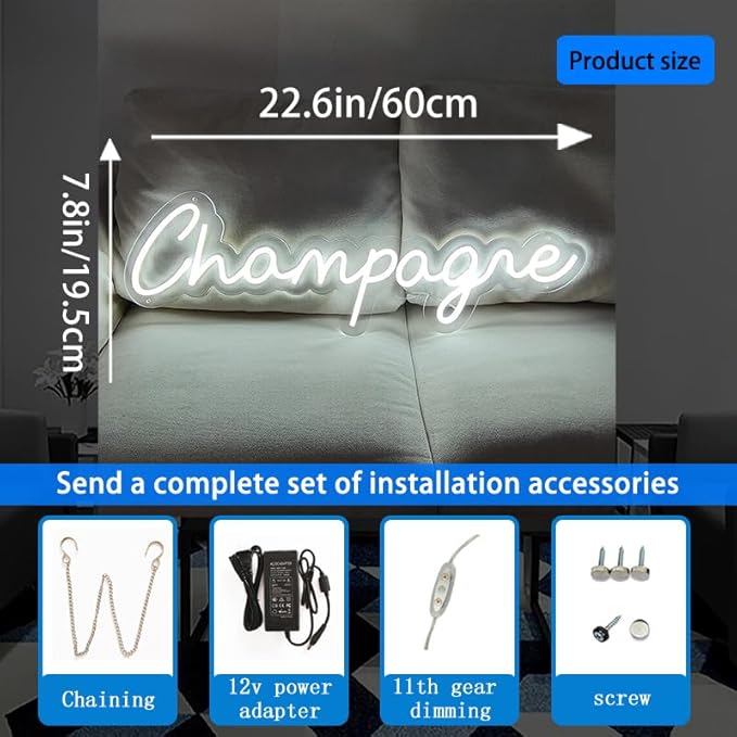 Champagne Neon Signs for Wall Decor, 23.6*7.7 Inches Drink Display Led Light Neon Sign, Light Up Sign Neon for Wedding, Engagement, Yes to Champagne Led Neon Signs for Birthday Bedroom Bar Pub Club Wall Decor Decorations, INSNEnN