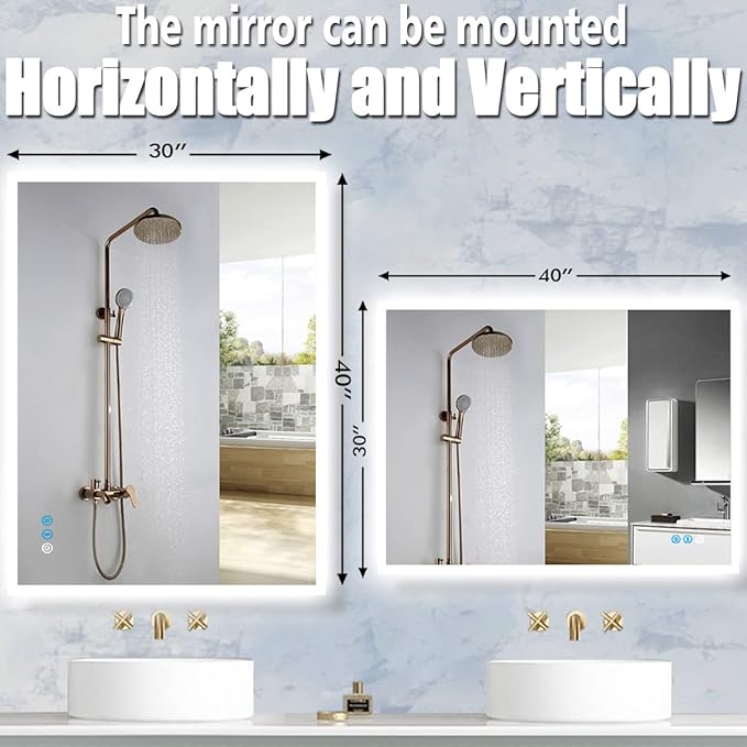 40 x 30 Inch LED Vanity Mirror with Backlits Anti-Fog 3 Color Dimmable Backlit Lighted Mirror for Bathroom Wall Horizontal Vertical Mounted 40" Frameless Smart Light up LED Bathroom Mirrors