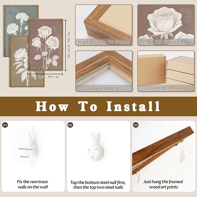 BINCUE Extra Large Neutral Botanical Wall Art Decor Floral Painting Flower Print for Living Room Bedroom Bathroom Dining Room 24" Lx36 W 3 Piece