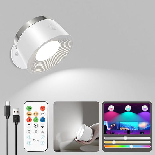 Moobibear LED Wall Lights with Remote, 3500mAh Rechargeable Battery Operated Wall Sconce, Dimmable 13RGB + 3 Color Temperature Magnetic Wireless Wall Lamp, for Rooms, Hallway (White, 1 PC)