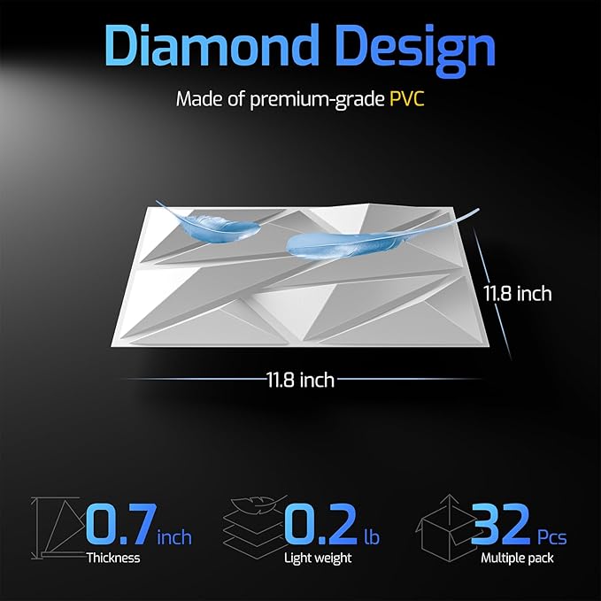 32 Pack White 3D Wall Panels for Interior Wall Decor, 11.8'' x 11.8'' Decorative Wall Panels, Accent Wall Panels, 3D Diamond Design Wall Decor for Living Room, Bedroom, Gaming Room