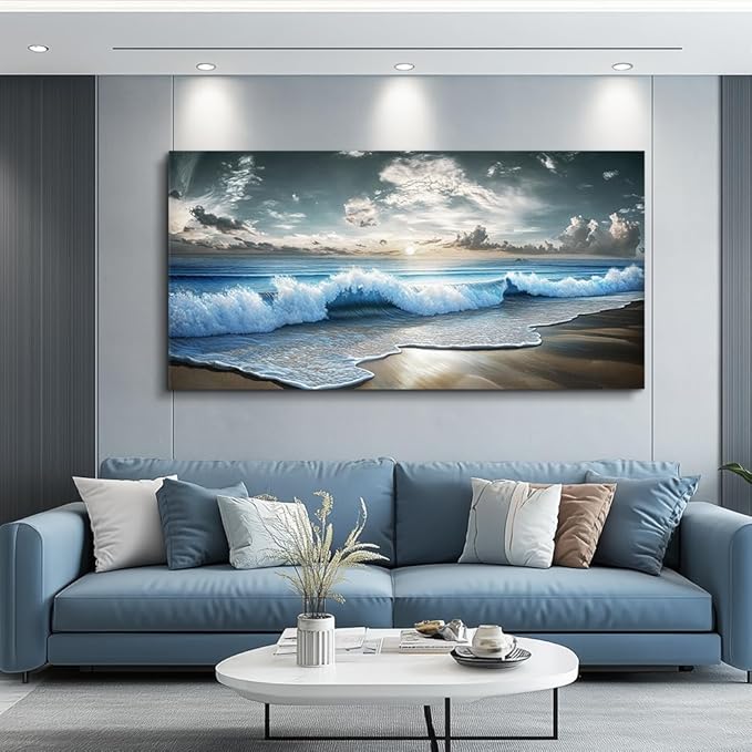 MHARTK66 Blue Ocean Canvas Wall Art Large Paintings For Living Room Landscape Nature Artwork For Walls Wall Decor For Bedroom Beach Pictures Wall Art Modern Office Waves Poster Decorations 24x48
