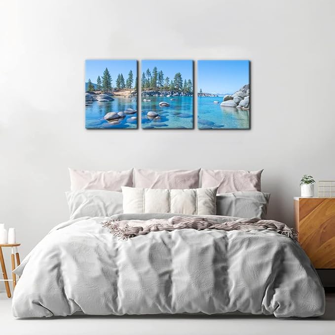 Pacimo Canvas Print Wall Art Set Vibrant Forest & Rocky Lake Landscape Nature Wilderness Photography Realism Rustic Scenic Modern Artwork Decor Stretch Framed Ready to Hang - 12 x 16 inch x 3