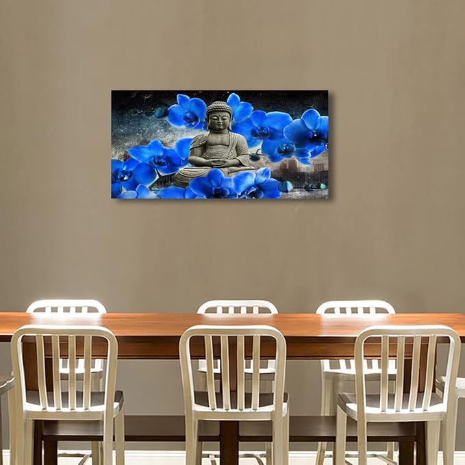Buddha Pictures Wall Art Canvas Prints Home Decor Grey Zen Blue Flower Painting for Living Room Bedroom Bathroom Office Home Kitchen Decoration Asia Hindu Artwork 24x48 Wooden Frames Easy Hanging