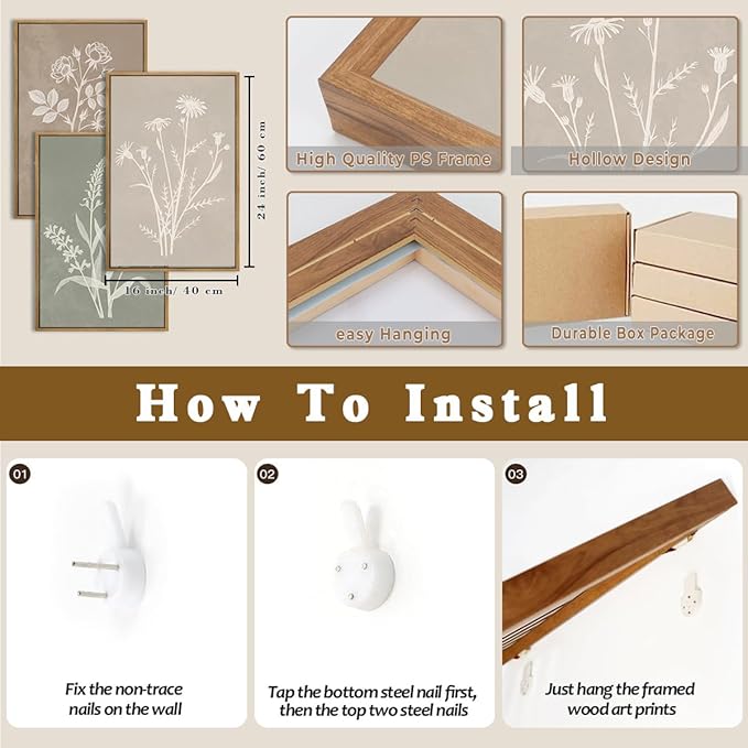 Anyzal Neutral Botanical Wall Art Boho Plant Artwork Farmhouse Floral Painting for Living Room Bedroom Dining Room 16x24 Inch Set of 3