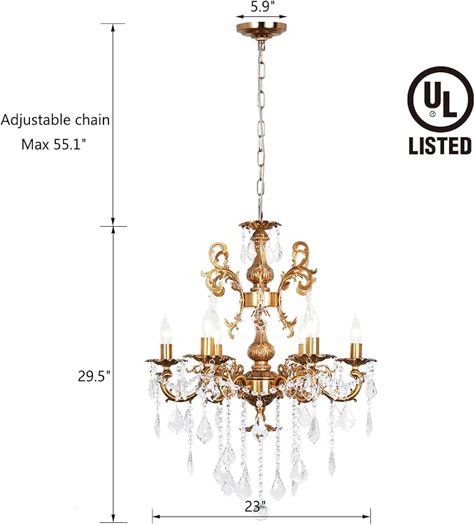 Crystal Chandelier Lighting Modern, Antique Gold Farmhouse Chandeliers 6-Light Crystal Candle Chandelier Ceiling Hanging Light Fixture Entrance Bedroom Kitchen 23"