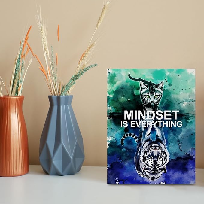 Mindset is Everything Motivational Canvas Wall Art, 11.4x15in Inspirational Quotes Framed Art Paintings Wall Decor Unique Cat Lover Gifts Prints Picture for Living Room Office Kitchen Decor