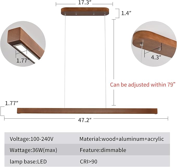 47" Wood Linear Pendant Light Fixtures Modern Led 36w Dimmable Pendant Lighting Ceiling Hanging Lights Wood Linear Chandeliers for Kitchen Island Dining Room Pool Table Walnut Color