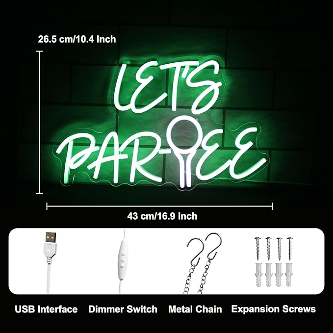 Let's Par Tee Neon Sign for Wall Decor - Green White LED Golf Ball Light - Dimmable Hanging Sign for Golf Club, Bedroom, Man Cave, Party