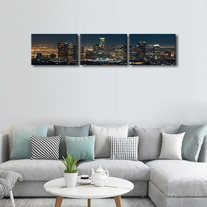 City Skyline Wall Art Cityscape Paintings Modern Decor Los Skyscrapers Night Scene Picture on Canvas for Home Decor Skyline at Dusk Landscape of City Night View Artwork for Living Room 12x48 Inch