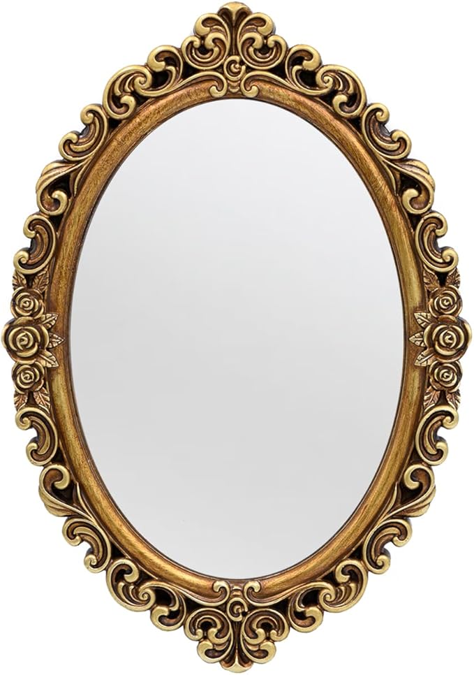 OIGUMR Oval Smallest Wall Mirror Resin Frame Size：12 x 8.3 inch Mirror Vintage Hanging Mirrors for Bedroom Living-Room Dresser Decor Gold