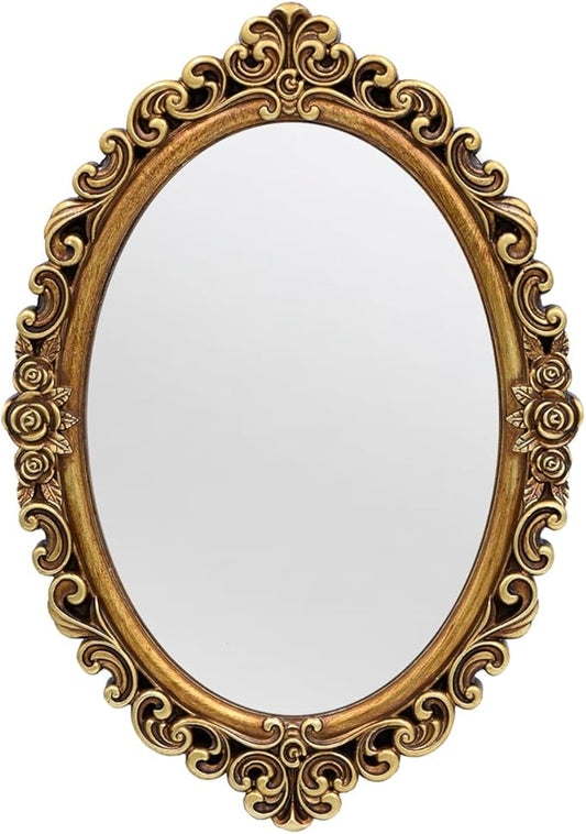 OIGUMR Oval Smallest Wall Mirror Resin Frame Size：12 x 8.3 inch Mirror Vintage Hanging Mirrors for Bedroom Living-Room Dresser Decor Gold