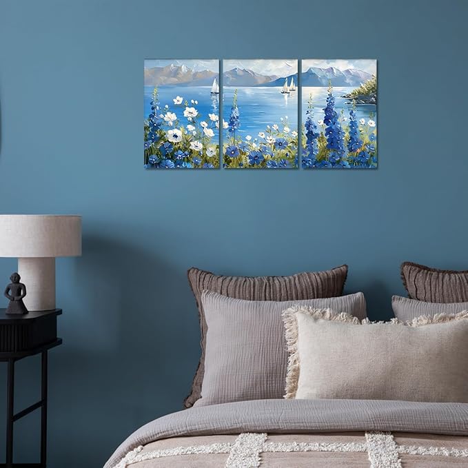 MAMAGO 3 Pieces Coastal Canvas Wall Decor Vintage Oil Painting Blue and White Floral Print Picture Natural Sea Scenery Painting for Farmhouse Bathroom Wall Art Framed Ready to Hang-12”x16”x3pcs