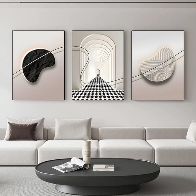 ARTFEB Abstract Modern Framed Canvas Wall Art Set, Geometric Line Wall Decor, Minimalist Neutral Wall Painting, Beige Black Art Prints for Living Room, Bedroom, Office(Black, 24" X 32" X 3 pieces)