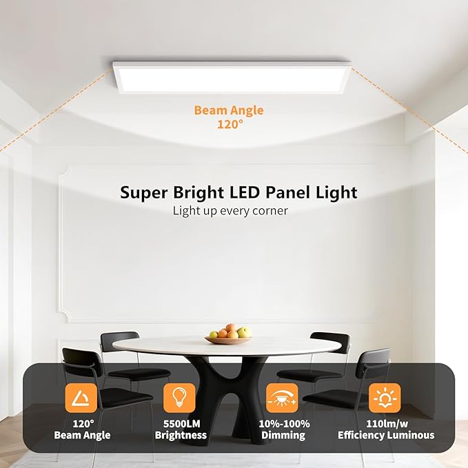 AIKVSXER 2 Pack 1x4 LED Panel Light 50W 5500LM Surface Mount, 3CCT (3000K-5000K), Ultra-Thin 48In, Triac Dimmable, Energy Efficient, Ceiling Light for Kitchen Garage Office Basement