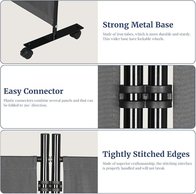 Kokorona 6 Panel Room Divider, 6FT Tall Rolling Privacy Screen with Lockable Wheels, Folding Wall Dividers Portable Room Divider for Room Separation, Included - Cover Strips, Grey, 119''W x 70''H