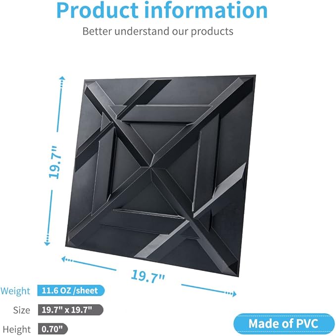 Art3d PVC 3D Wall Panel, Decorative Wall Tile in Black 12-Pack 19.7"x19.7"