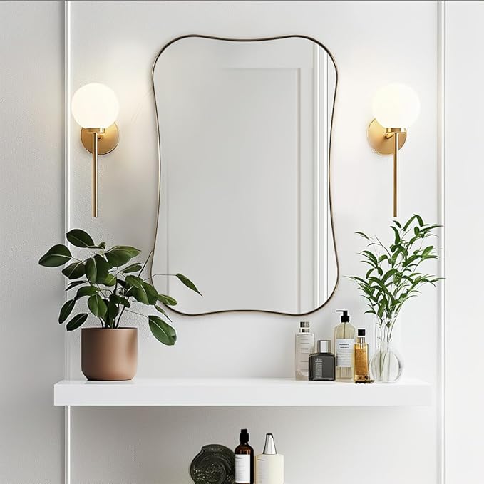 ANDY STAR Brushed Gold Bathroom Mirror, Modern 24x36'' Rounded Scalloped Brass Mirrors with Notched Edges in 1 Inch Stainless Steel Frame Wall Mounted for Bathroom Vanity, Powder Room