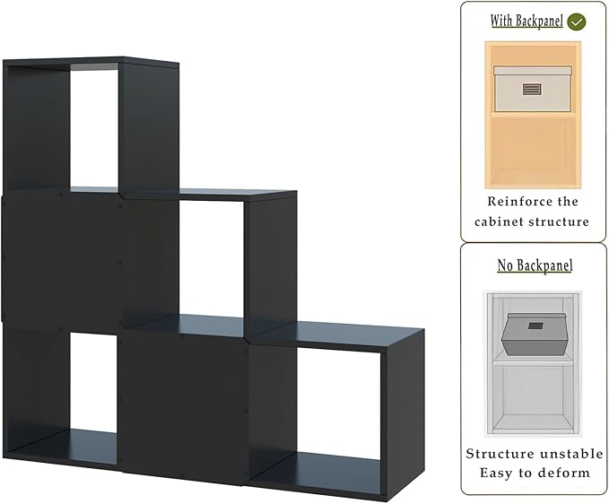 Ladder Cube Storage Bookcase - Wooden L-Shaped 3-Tier Corner Shelf, Reversible 6-Cube Organizer for Home & Office, Black