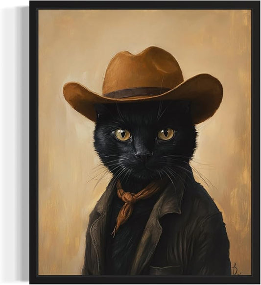 Black Cat Cowboy Art Print Poster Wall Art, Western Country Farmhouse Wild West for Bedroom, Bathroom, Living Room Art Decor 58 (Black Cat, 8 x 10 inches, Unframed)